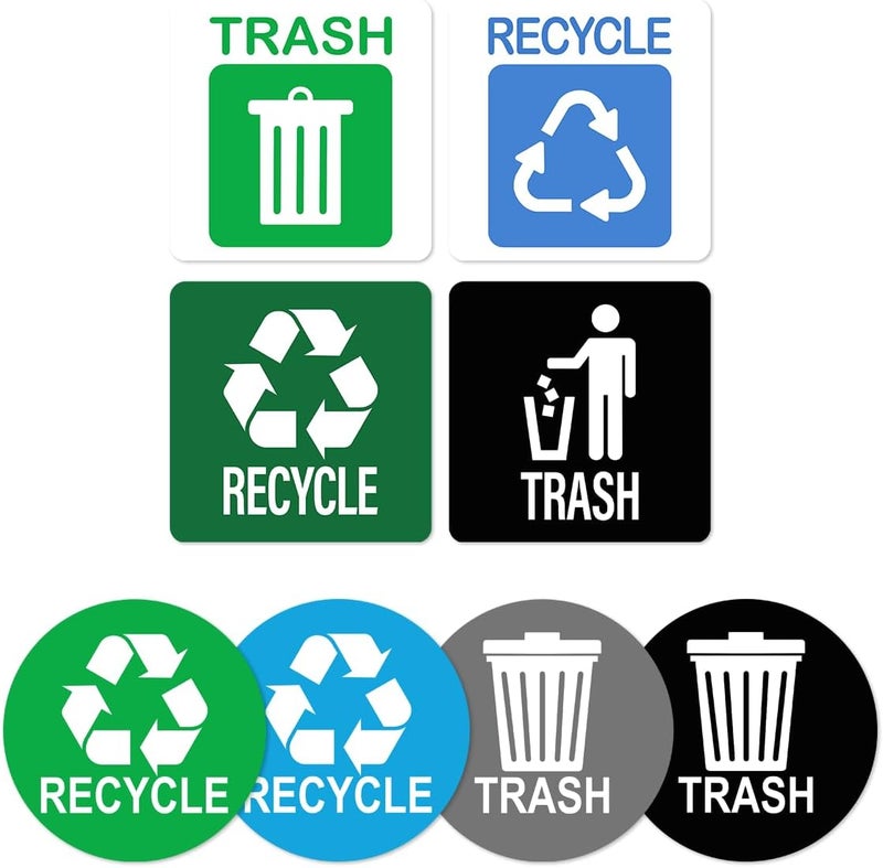 RABOWA Pack 8 Pcs Recycle and Trash Sticker for Trash Cans Garbage Bins Waste Signs Recycling Bin Labels Outdoor Indoor Offices Home Bumper Stickers Reusable Waterproof Vinyl Decals Set - Image 1